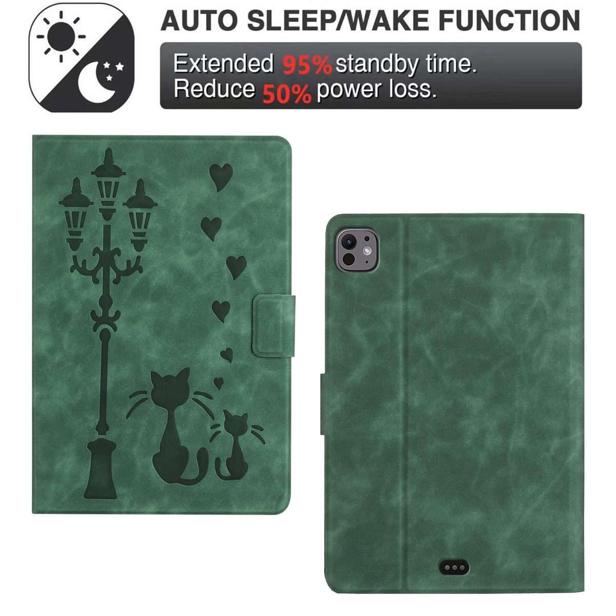 For iPad Air 10.9 2022 / 2020 Embossed Couple Cat Smart Tablet Leather Case(Green)
