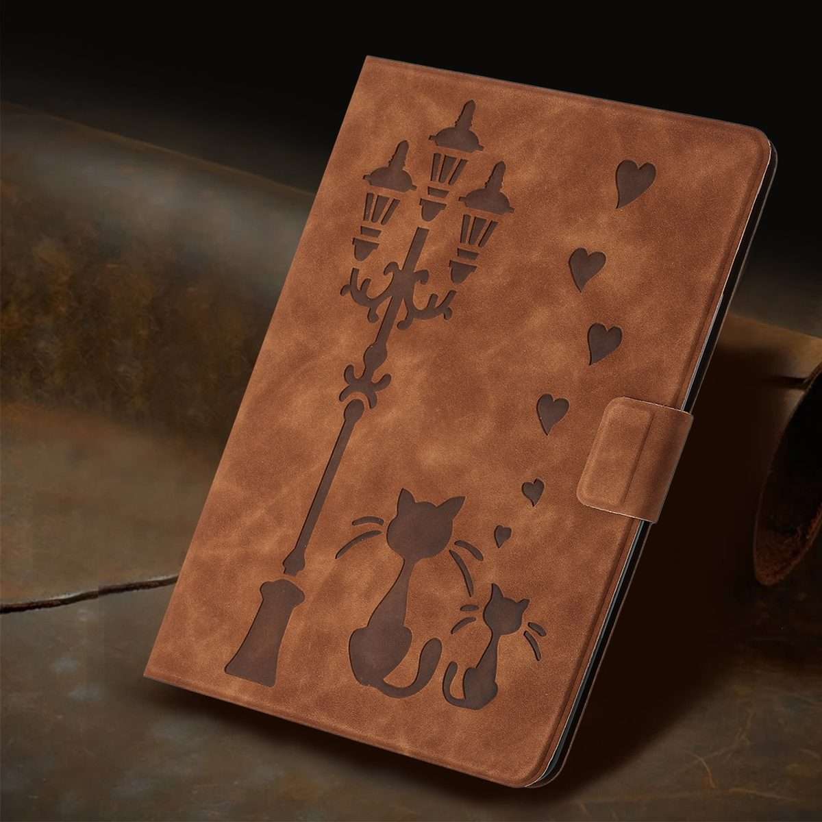 For iPad Air 10.9 2022 / 2020 Embossed Couple Cat Smart Tablet Leather Case(Brown)