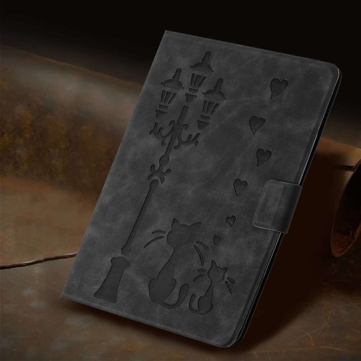 For iPad Air 10.9 2022 / 2020 Embossed Couple Cat Smart Tablet Leather Case(Black)