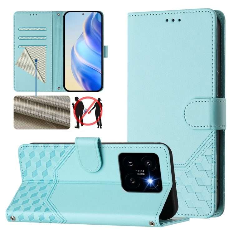 For Xiaomi 14 Pro 5G Honeycomb Embossing RFID Leather Phone Case(Mint Green)