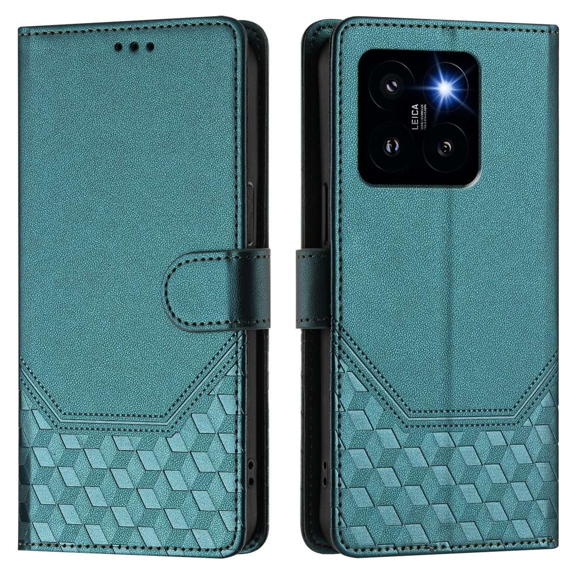 For Xiaomi 14 Pro 5G Honeycomb Embossing RFID Leather Phone Case(Peacock Green)