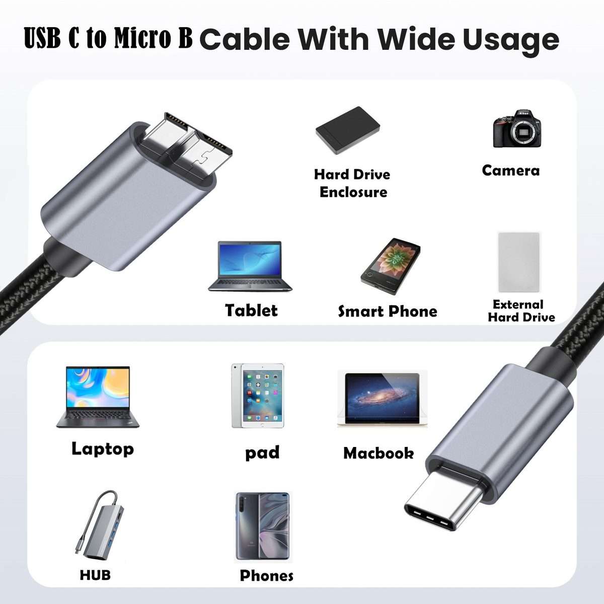 10Gbps USB-C / Type-C 3.1 to Micro B Mobile Hard Disk Adapter Cable, Length:3m