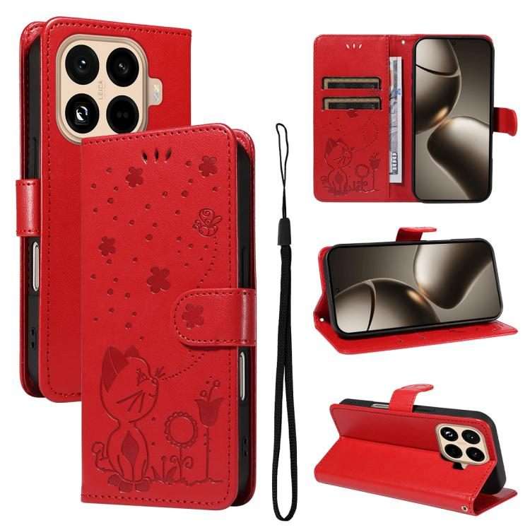 For Xiaomi 15T Pro 5G Cat and Bee Embossed Flip Leather Phone Case(Red)