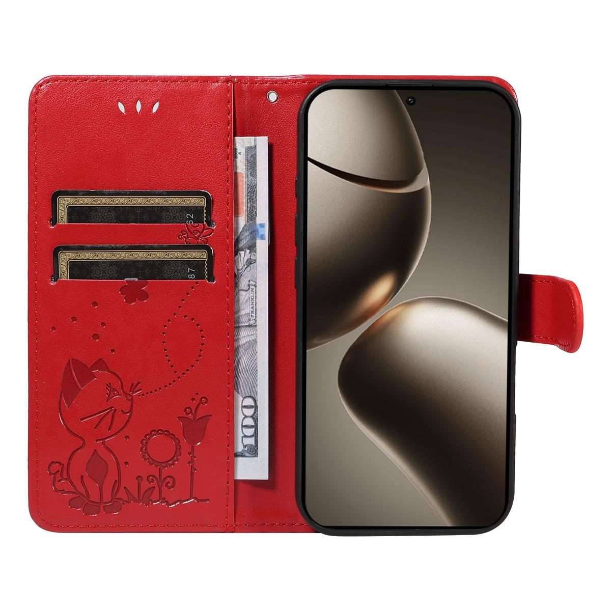 For Xiaomi 15T Pro 5G Cat and Bee Embossed Flip Leather Phone Case(Red)
