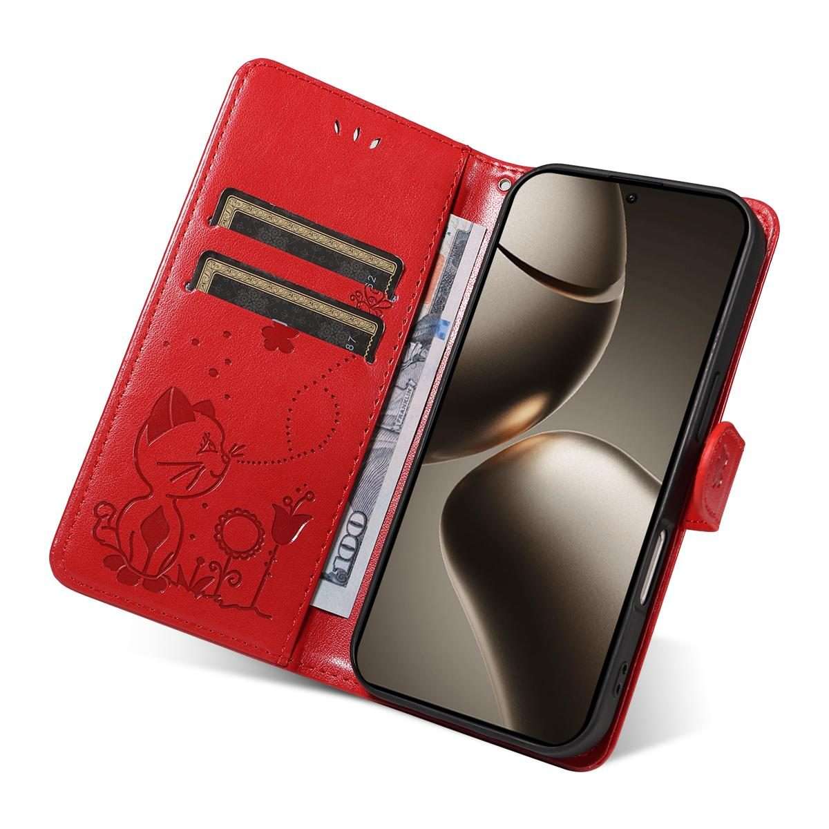 For Xiaomi 15T Pro 5G Cat and Bee Embossed Flip Leather Phone Case(Red)