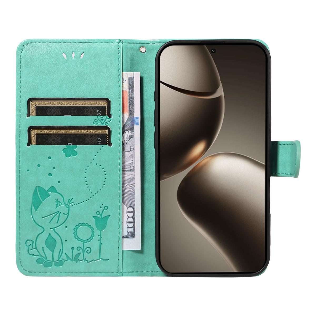 For Xiaomi 15T Pro 5G Cat and Bee Embossed Flip Leather Phone Case(Green)