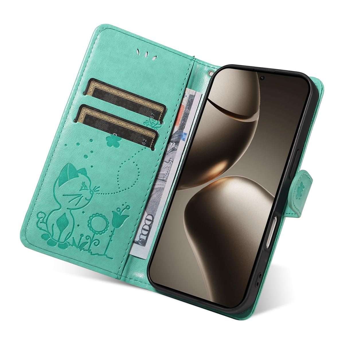 For Xiaomi 15T Pro 5G Cat and Bee Embossed Flip Leather Phone Case(Green)