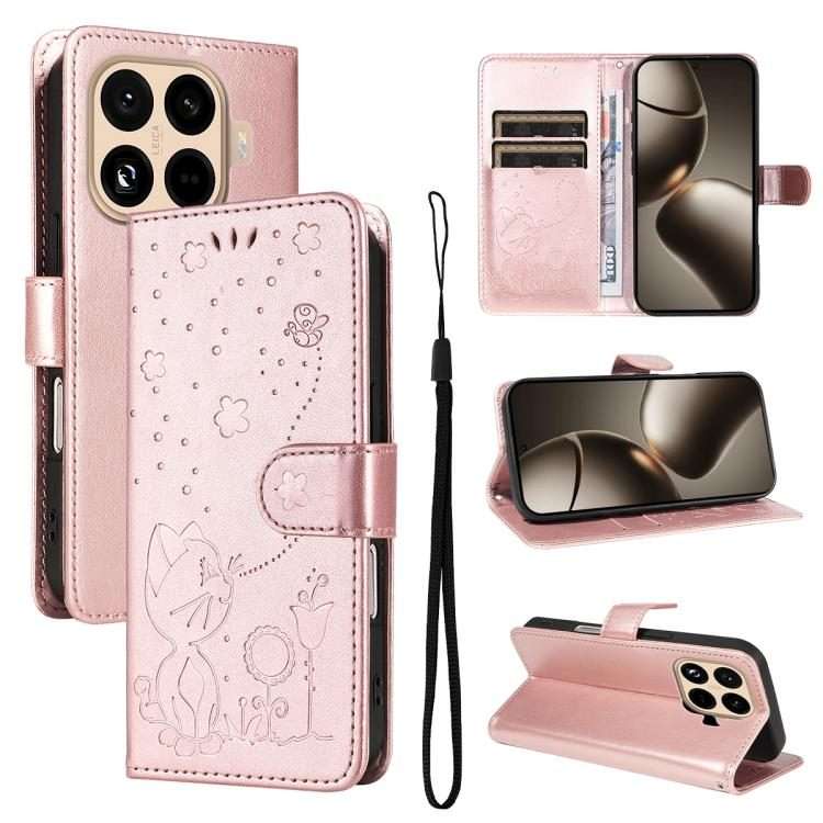 For Xiaomi 15T Pro 5G Cat and Bee Embossed Flip Leather Phone Case(Rose Gold)