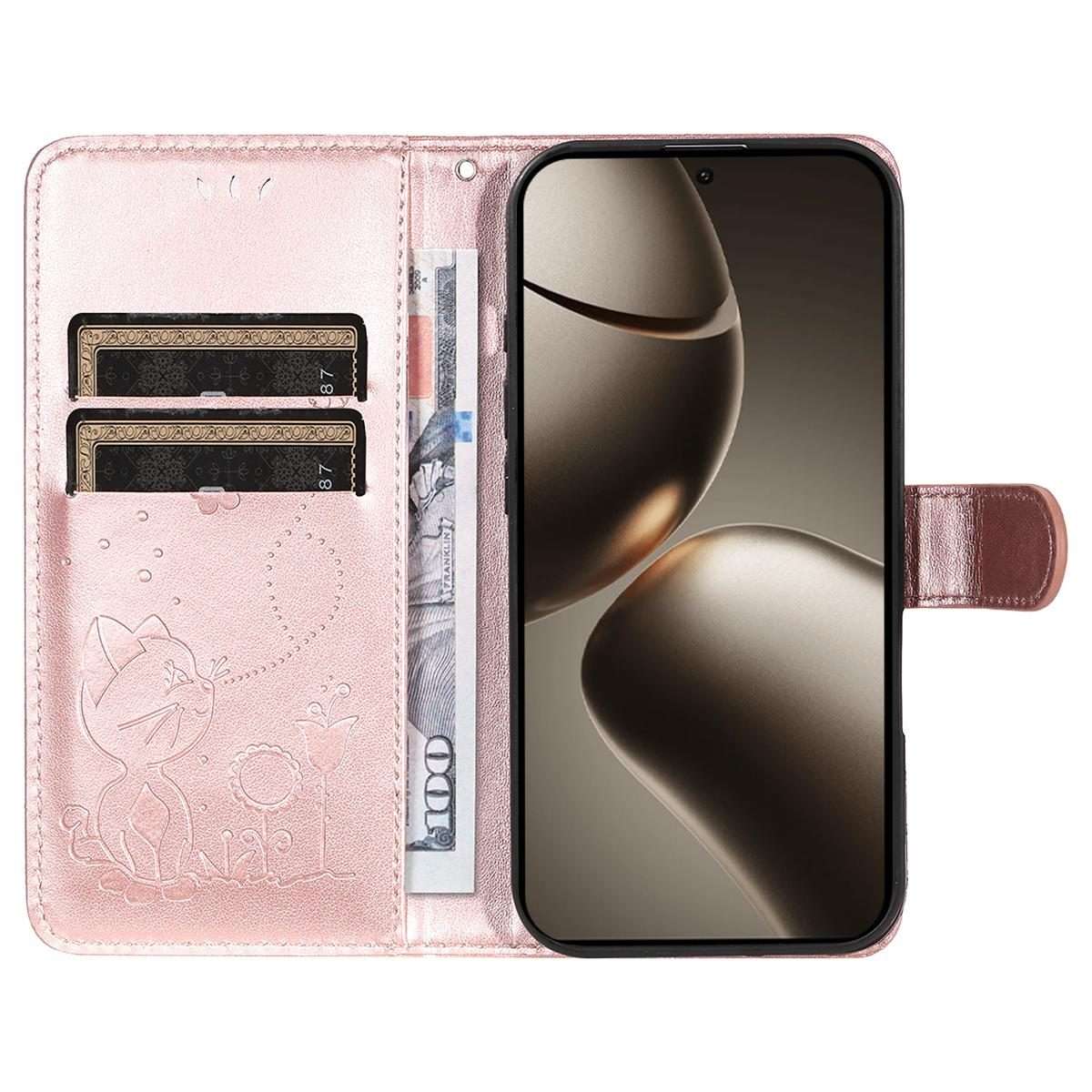 For Xiaomi 15T Pro 5G Cat and Bee Embossed Flip Leather Phone Case(Rose Gold)