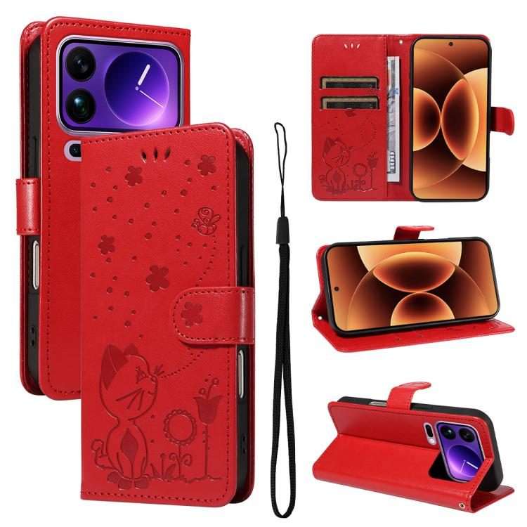 For Xiaomi 17 Pro Max Cat and Bee Embossed Flip Leather Phone Case(Red)