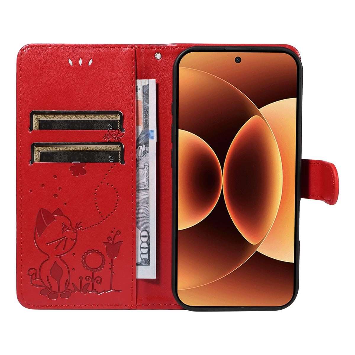 For Xiaomi 17 Pro Max Cat and Bee Embossed Flip Leather Phone Case(Red)