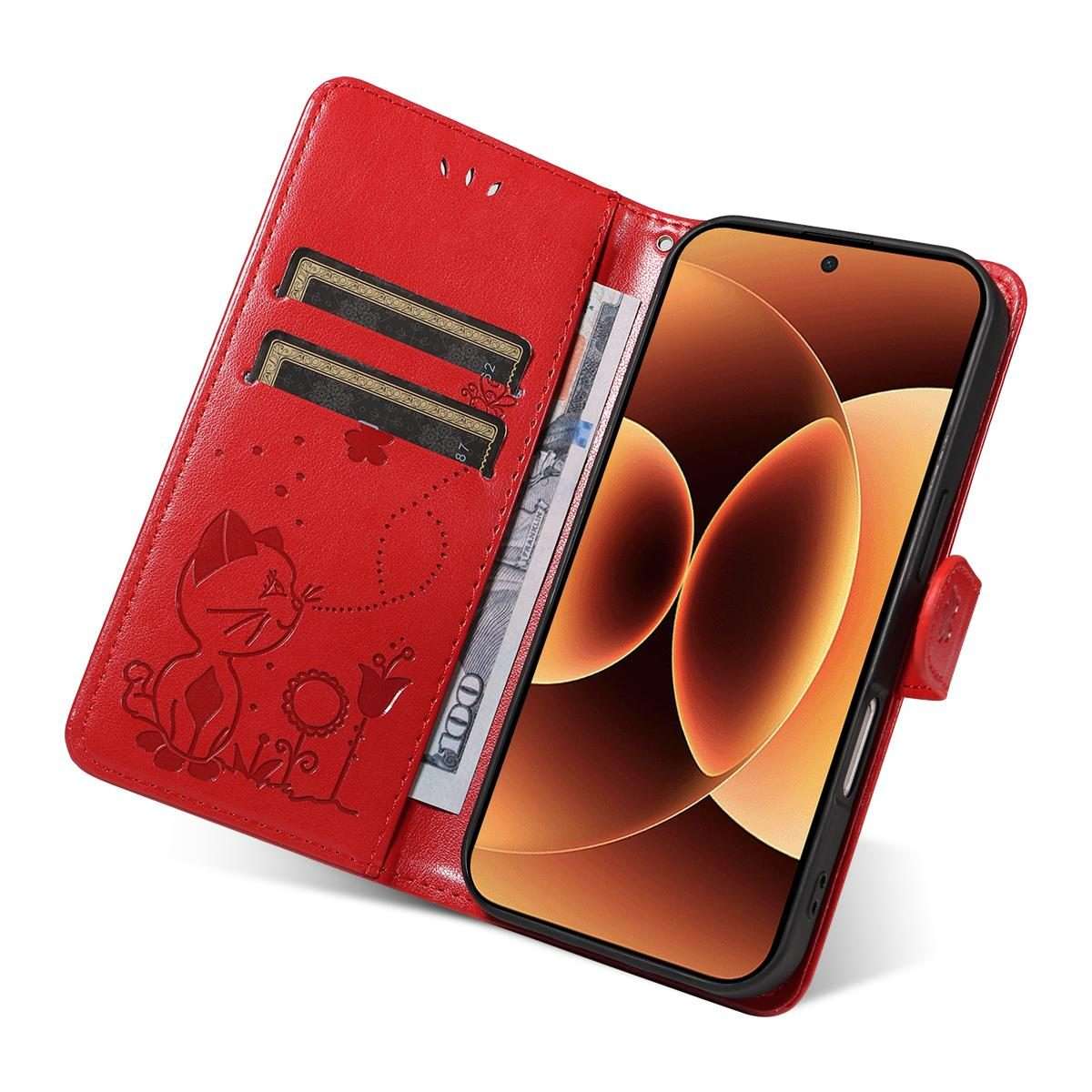 For Xiaomi 17 Pro Max Cat and Bee Embossed Flip Leather Phone Case(Red)