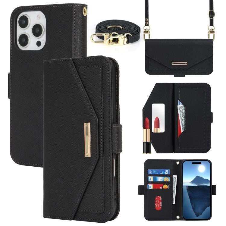 For iPhone 16 Pro Max Cross Texture Crossbody Lanyard Leather Phone Case(Black)