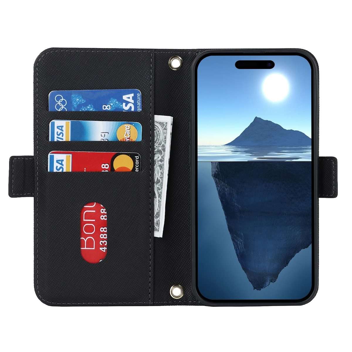 For iPhone 16 Pro Max Cross Texture Crossbody Lanyard Leather Phone Case(Black)
