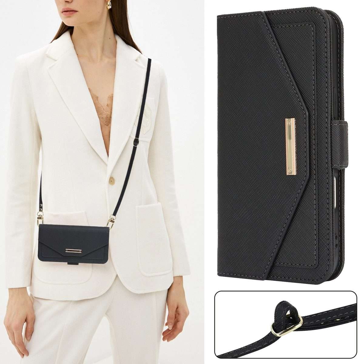 For iPhone 16 Pro Max Cross Texture Crossbody Lanyard Leather Phone Case(Black)