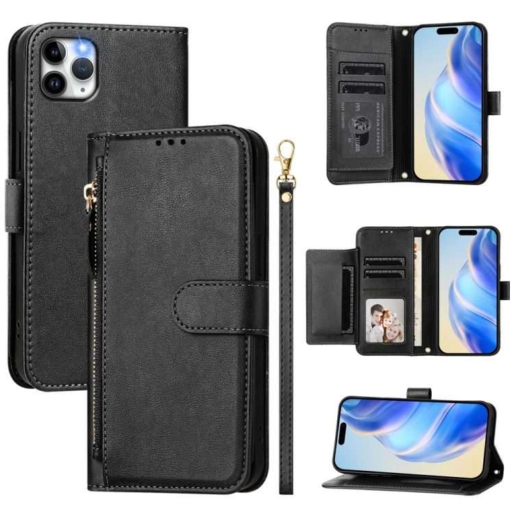 For iPhone 11 Pro Max Multi-Card Slots Zipper Wallet Leather Phone Case(Black)