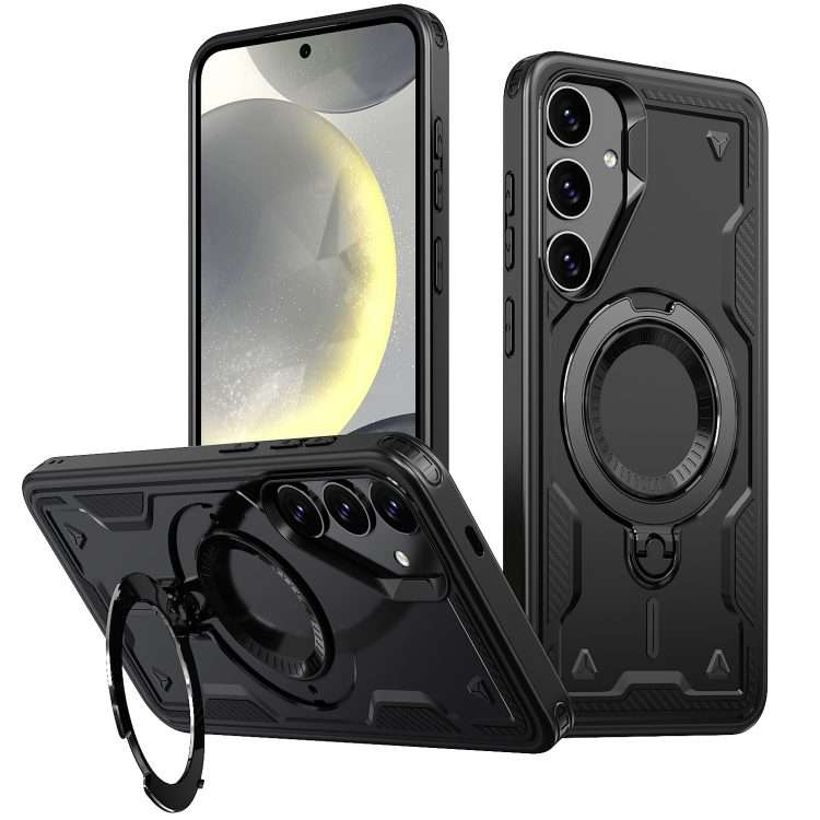 For Samsung Galaxy S24 FE 5G PC Hybrid TPU Armor MagSafe Ring Holder Phone Case(Black)