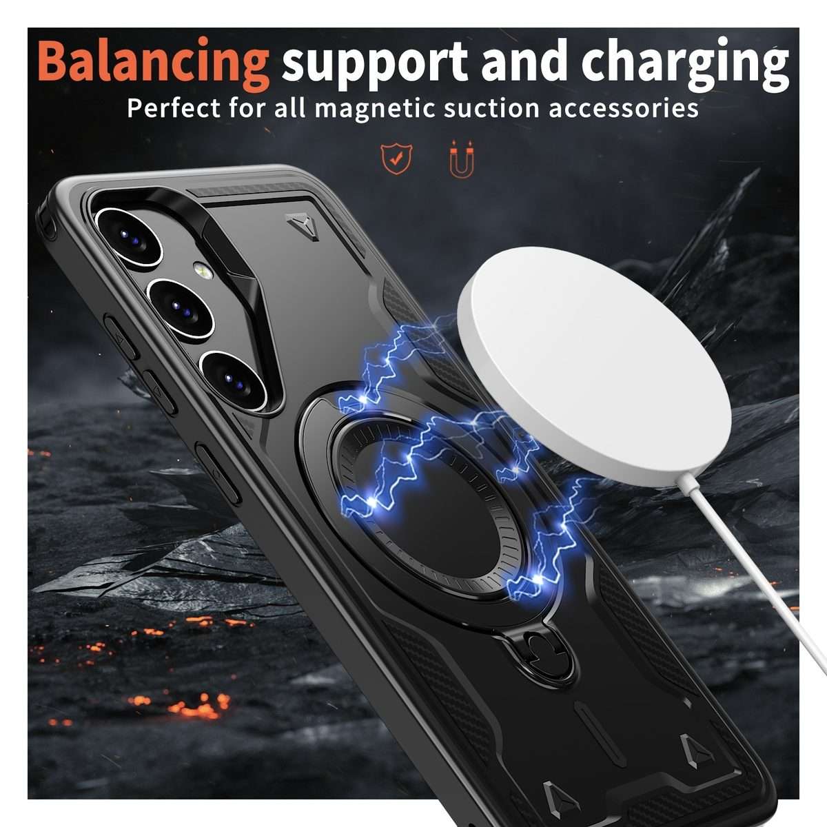 For Samsung Galaxy S24 FE 5G PC Hybrid TPU Armor MagSafe Ring Holder Phone Case(Black)