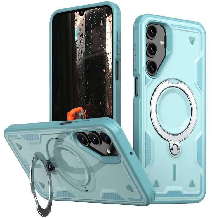 For Samsung Galaxy S24 FE 5G PC Hybrid TPU Armor MagSafe Ring Holder Phone Case(Light Blue)