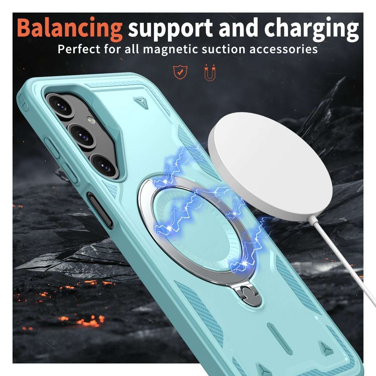 For Samsung Galaxy S24 FE 5G PC Hybrid TPU Armor MagSafe Ring Holder Phone Case(Light Blue)