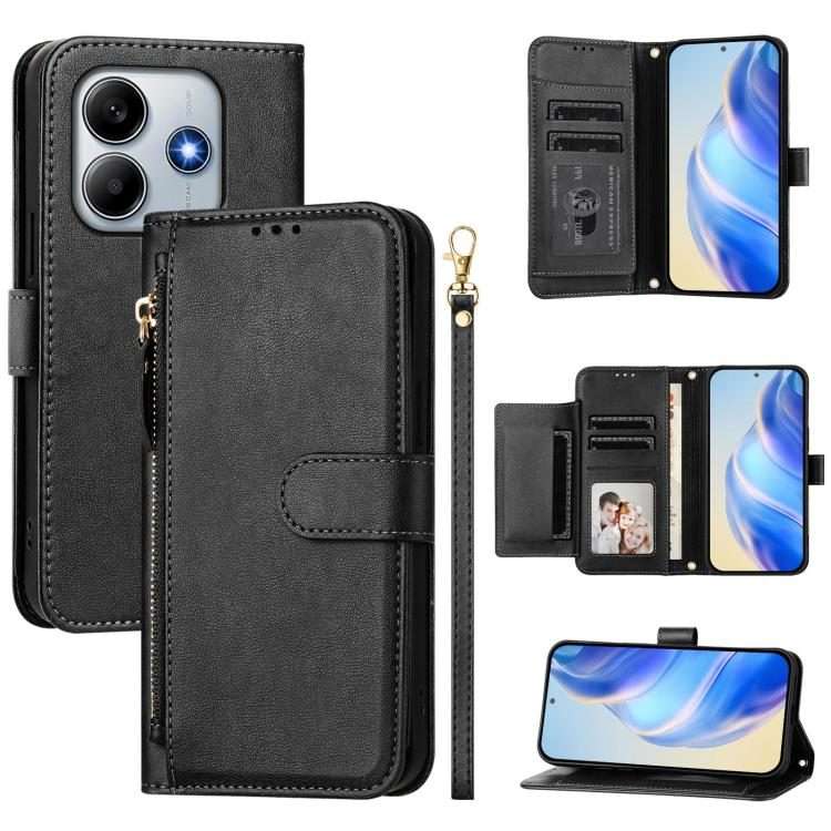 For Xiaomi Poco M7 Pro 5G / Redmi Note 14 5G Multi-Card Slots Zipper Wallet Leather Ph ... (Black)