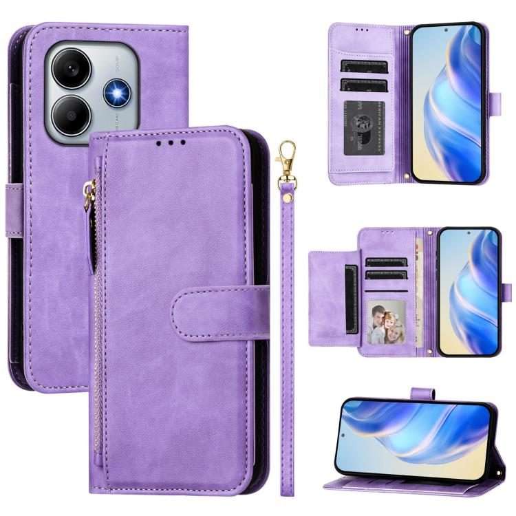 For Xiaomi Poco M7 Pro 5G / Redmi Note 14 5G Multi-Card Slots Zipper Wallet Leather P ... (Purple)