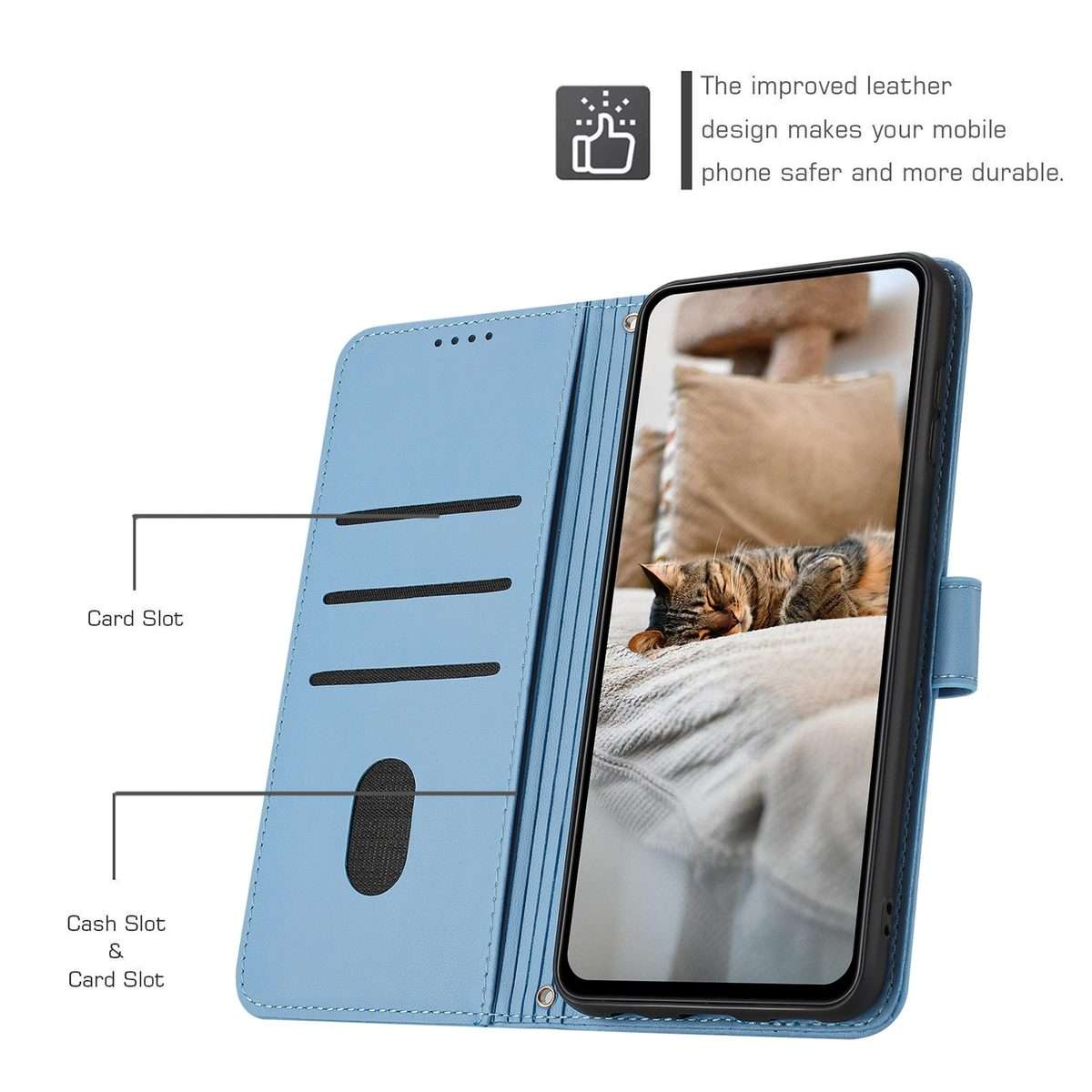 For Redmi 13 4G / 5G / Note 13R 5G Embossed Kitten Phone Leather Case with Lanyard(Blue)