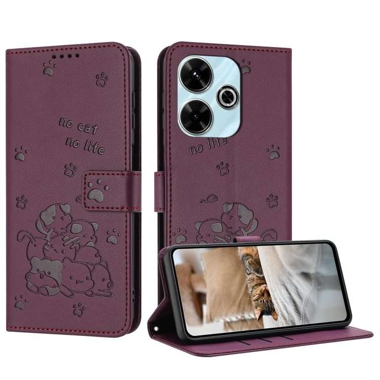 For Redmi 13 4G / 5G / Note 13R 5G Embossed Kitten Phone Leather Case with Lanyard(Wine Red)