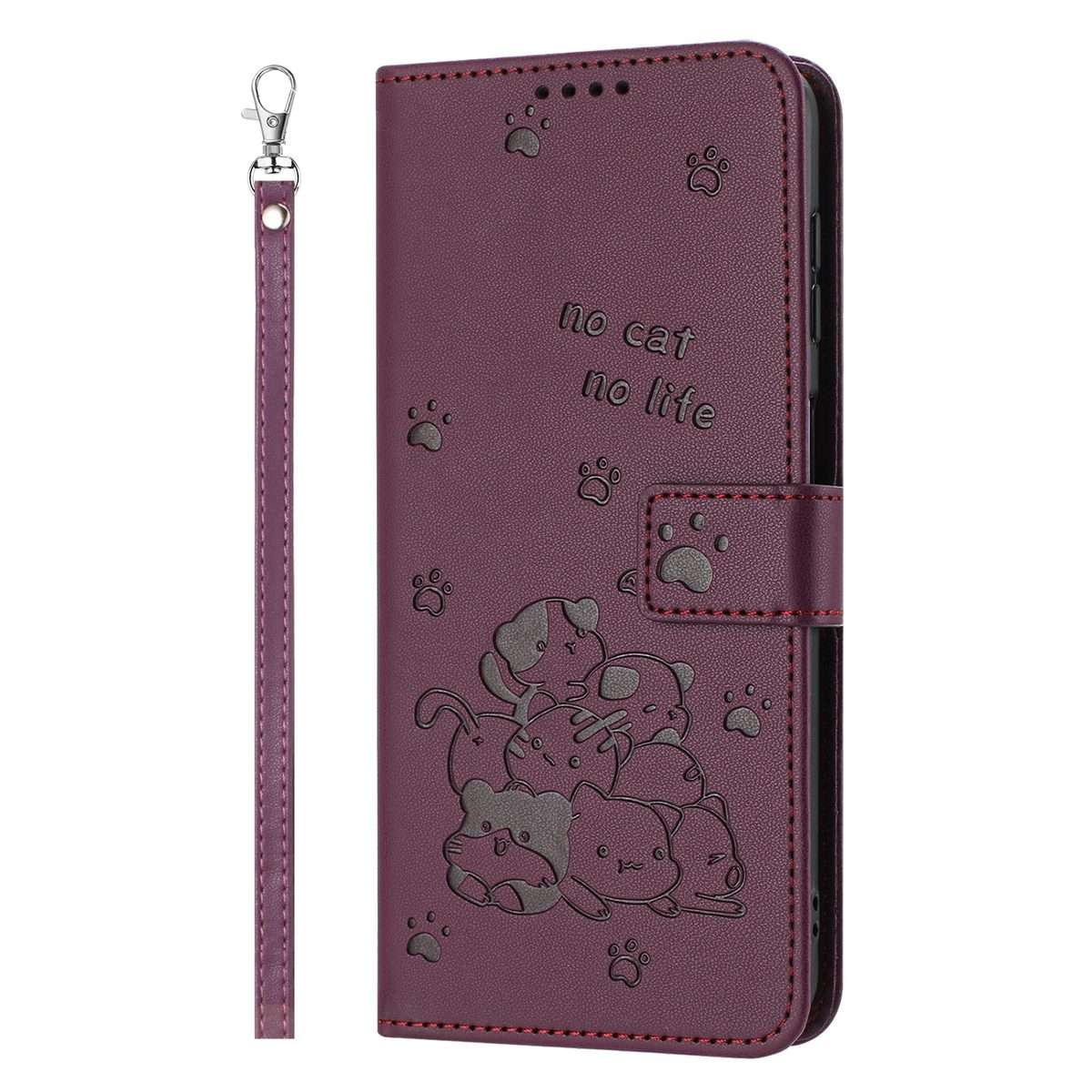 For Redmi 13 4G / 5G / Note 13R 5G Embossed Kitten Phone Leather Case with Lanyard(Wine Red)