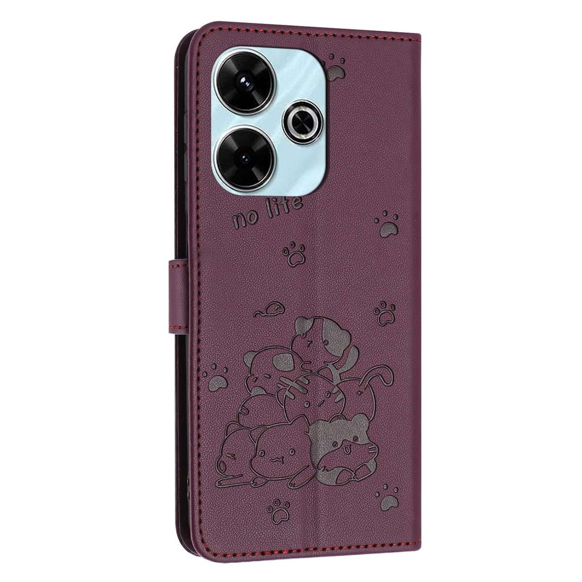 For Redmi 13 4G / 5G / Note 13R 5G Embossed Kitten Phone Leather Case with Lanyard(Wine Red)