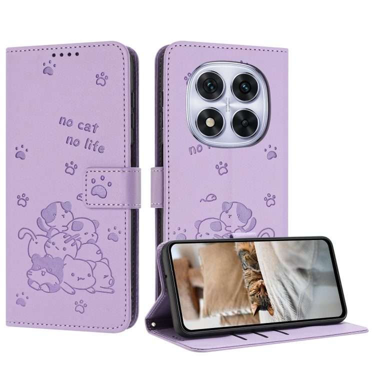 For Redmi Note 14 Pro 5G Embossed Kitten Phone Leather Case with Lanyard(Purple)