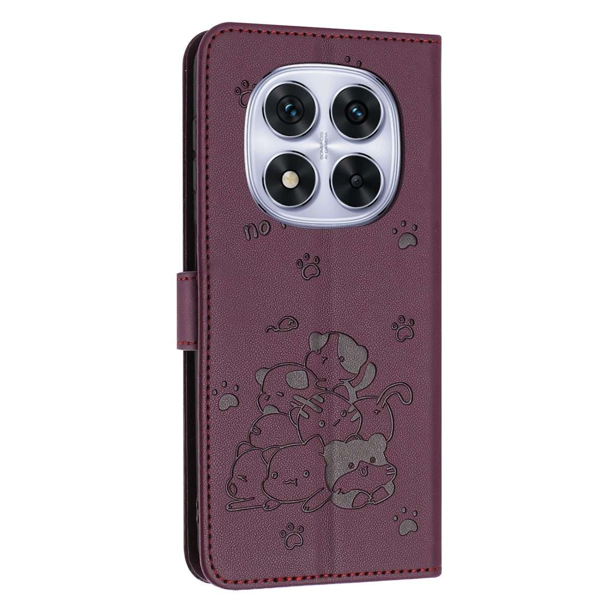 For Redmi Note 14 Pro 5G Embossed Kitten Phone Leather Case with Lanyard(Wine Red)