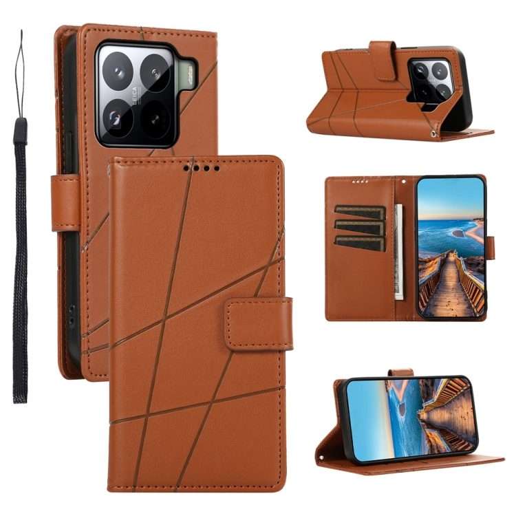 For Xiaomi 15 Pro PU Genuine Leather Texture Embossed Line Phone Case(Brown)