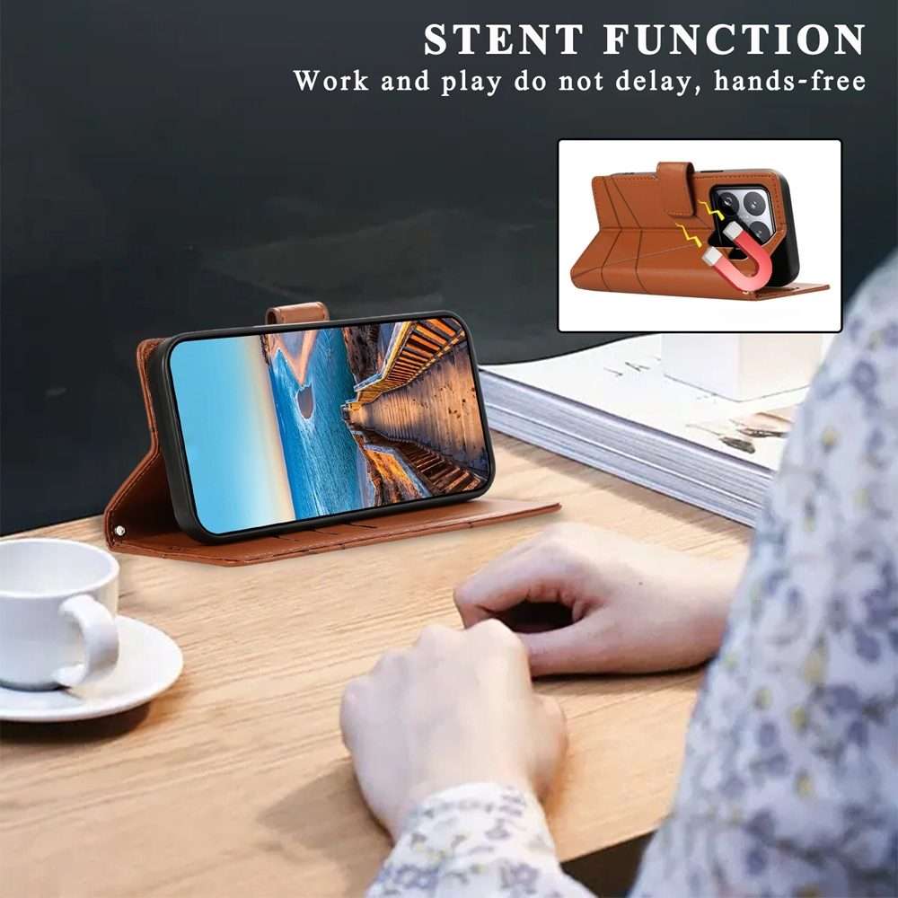 For Xiaomi 15 Pro PU Genuine Leather Texture Embossed Line Phone Case(Brown)