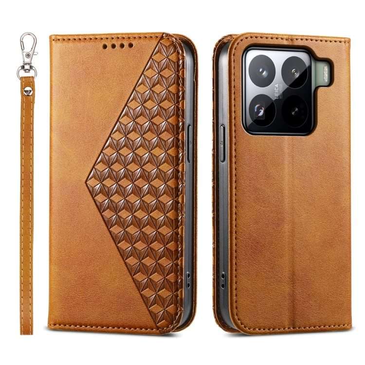 For Xiaomi 15 Pro Cubic Grid Calf Texture Magnetic Leather Phone Case(Yellow)