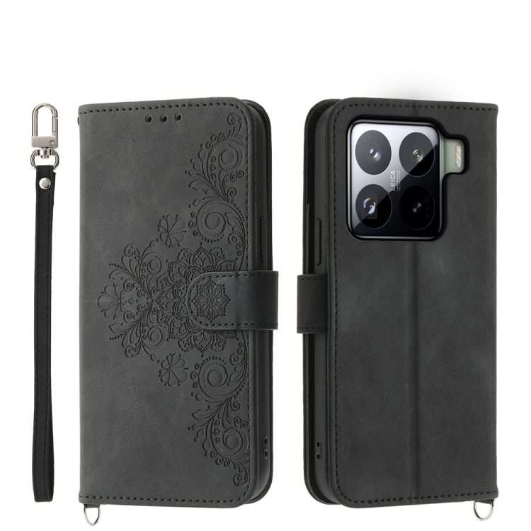 For Xiaomi 15 Pro Skin Feel Flowers Embossed Wallet Leather Phone Case(Black)