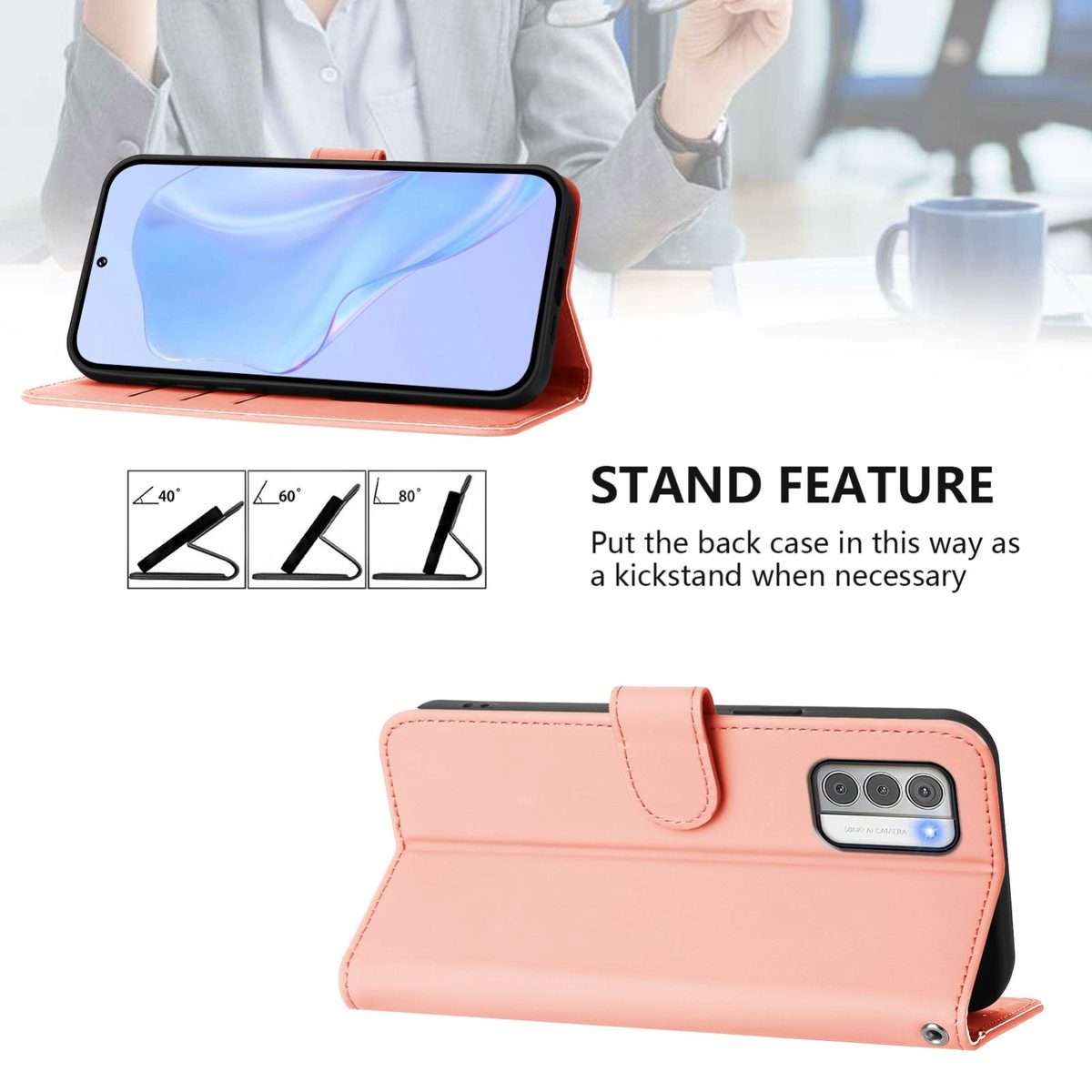 For Nokia G42 / G310 Skin Feel Solid Color Leather Phone Case with Lanyard(Pink)