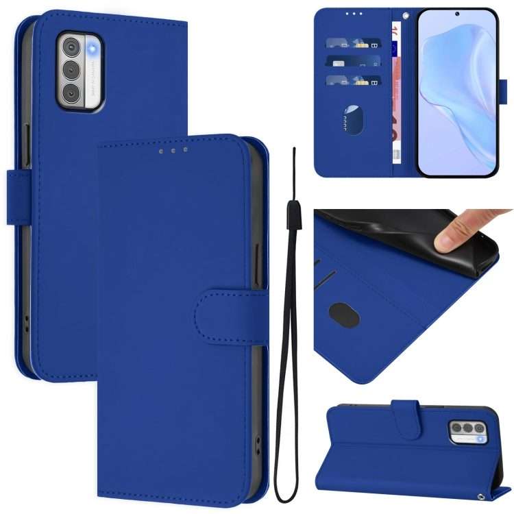 For Nokia G42 / G310 Skin Feel Solid Color Leather Phone Case with Lanyard(Dark Blue)