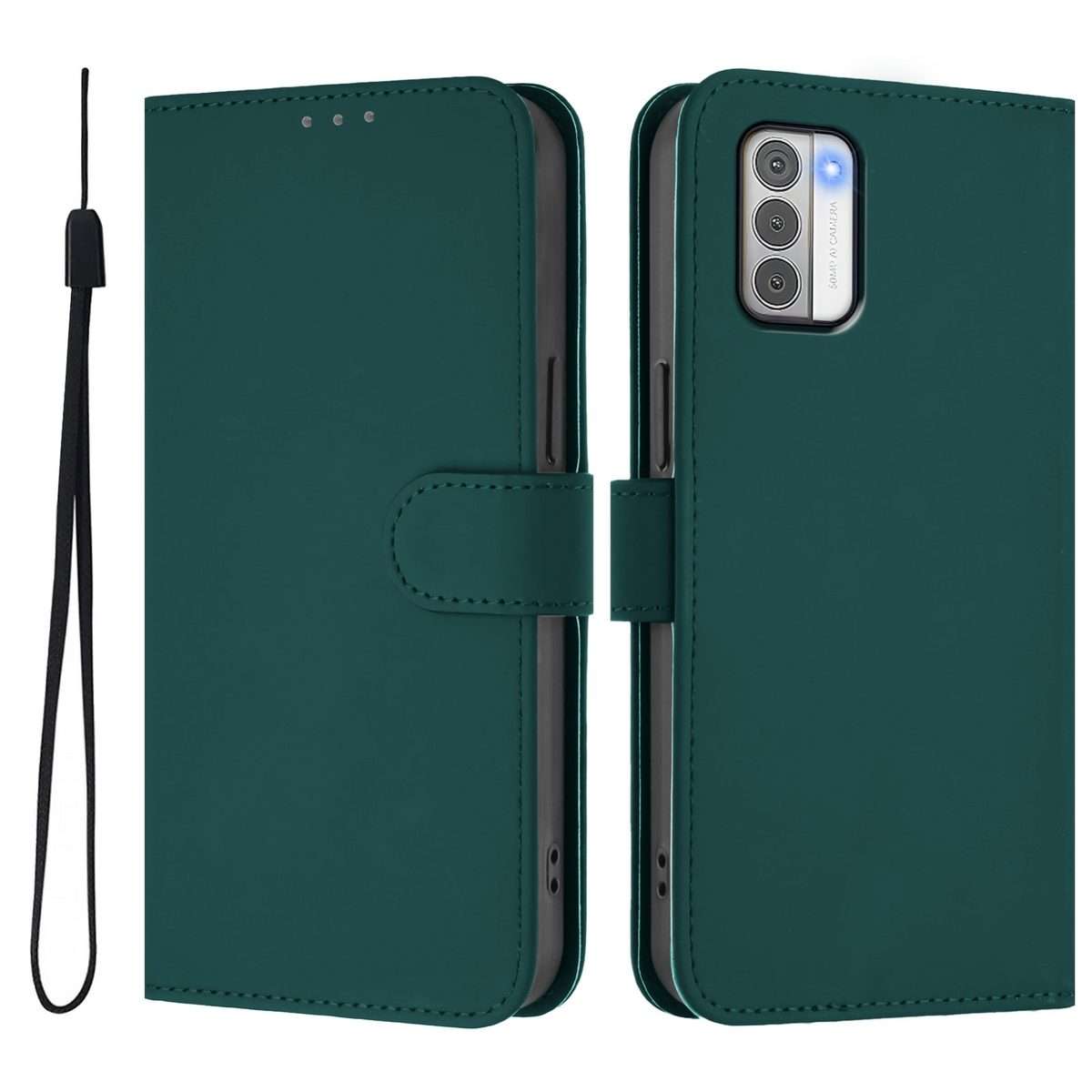 For Nokia G42 / G310 Skin Feel Solid Color Leather Phone Case with Lanyard(Dark Green)