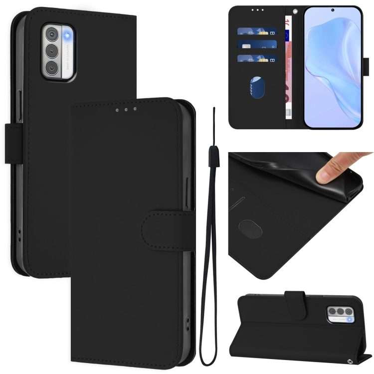 For Nokia G42 / G310 Skin Feel Solid Color Leather Phone Case with Lanyard(Black)