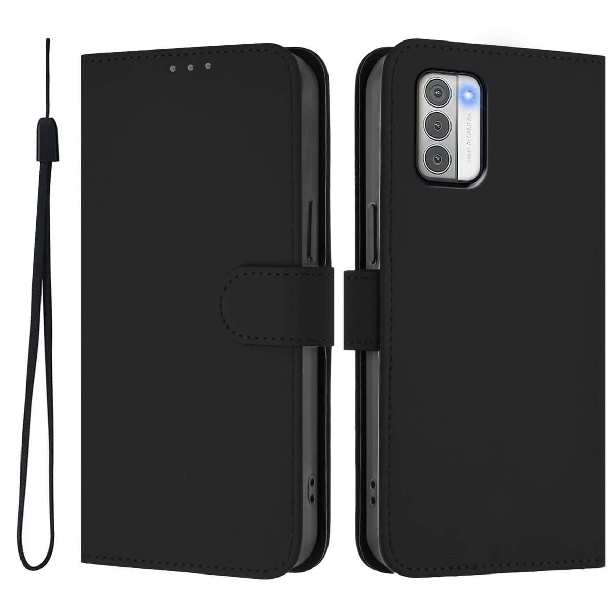 For Nokia G42 / G310 Skin Feel Solid Color Leather Phone Case with Lanyard(Black)