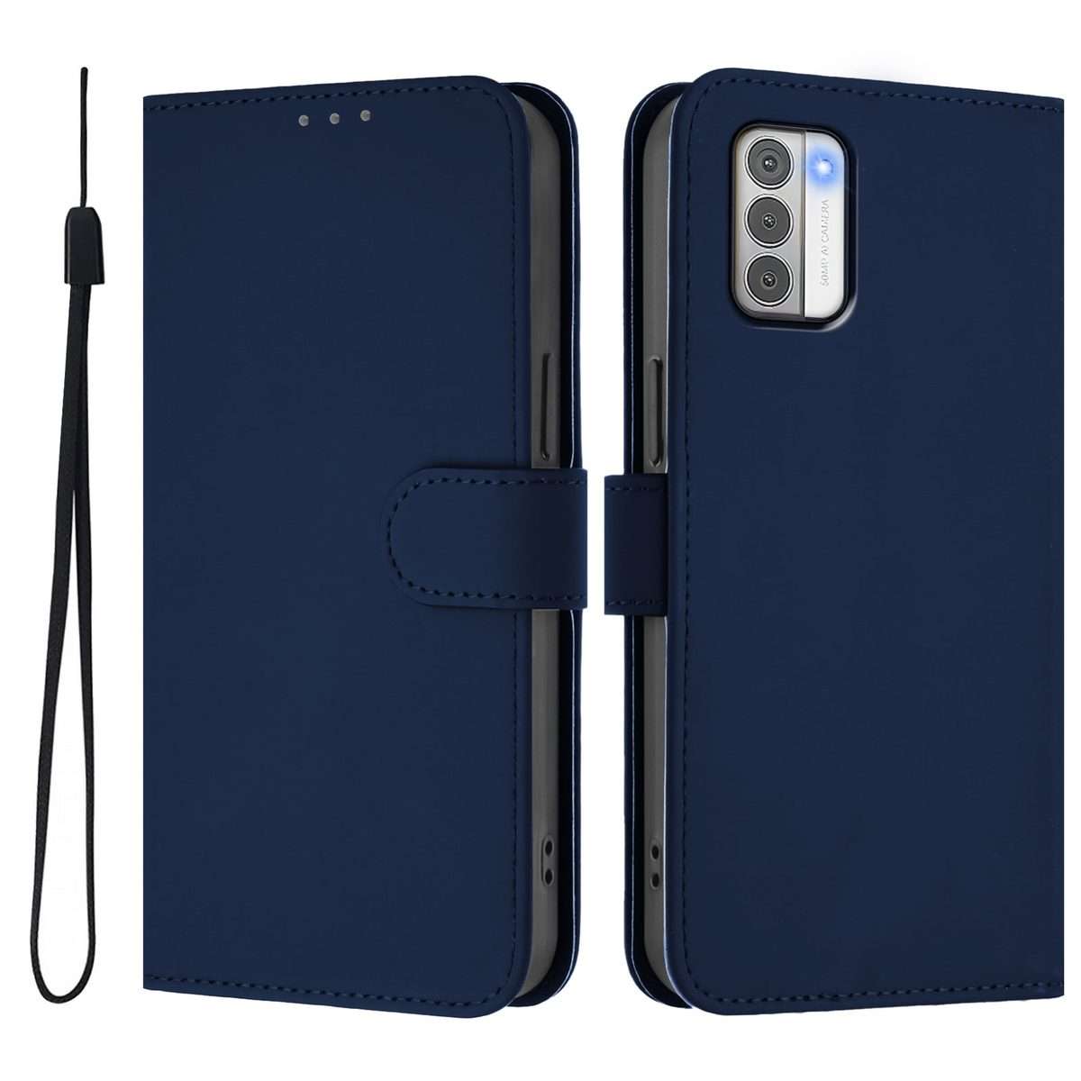 For Nokia G42 / G310 Skin Feel Solid Color Leather Phone Case with Lanyard(Navy Blue)