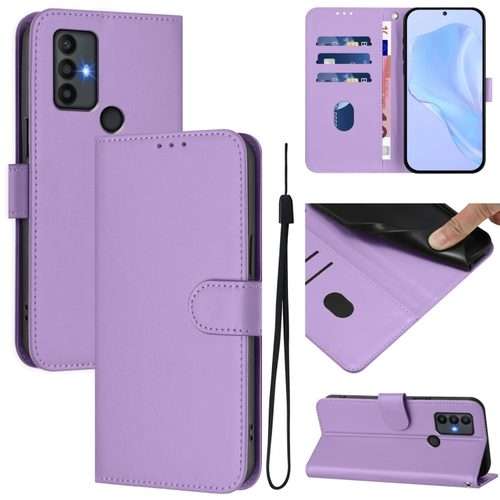 For TCL 30 SE Skin Feel Solid Color Leather Phone Case with Lanyard(Lavender Purple)