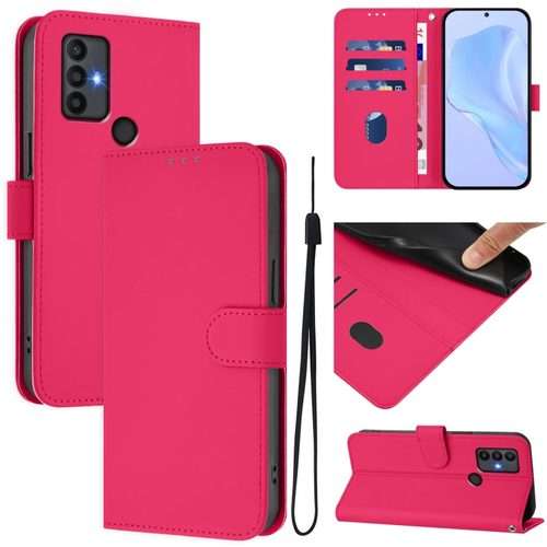 For TCL 30 SE Skin Feel Solid Color Leather Phone Case with Lanyard(Rose Red)