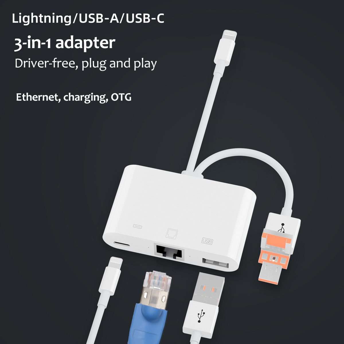 NK-107TL Pro USB-C / Type-C, 8 Pin, USB to 8 Pin, USB, RJ45 Multi-function Adapter(White)