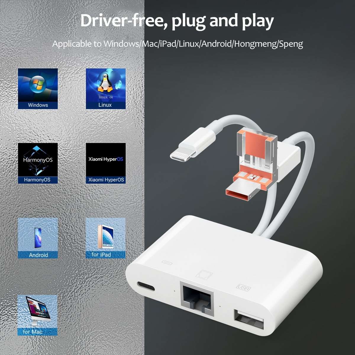 NK-107TL Pro USB-C / Type-C, 8 Pin, USB to 8 Pin, USB, RJ45 Multi-function Adapter(White)
