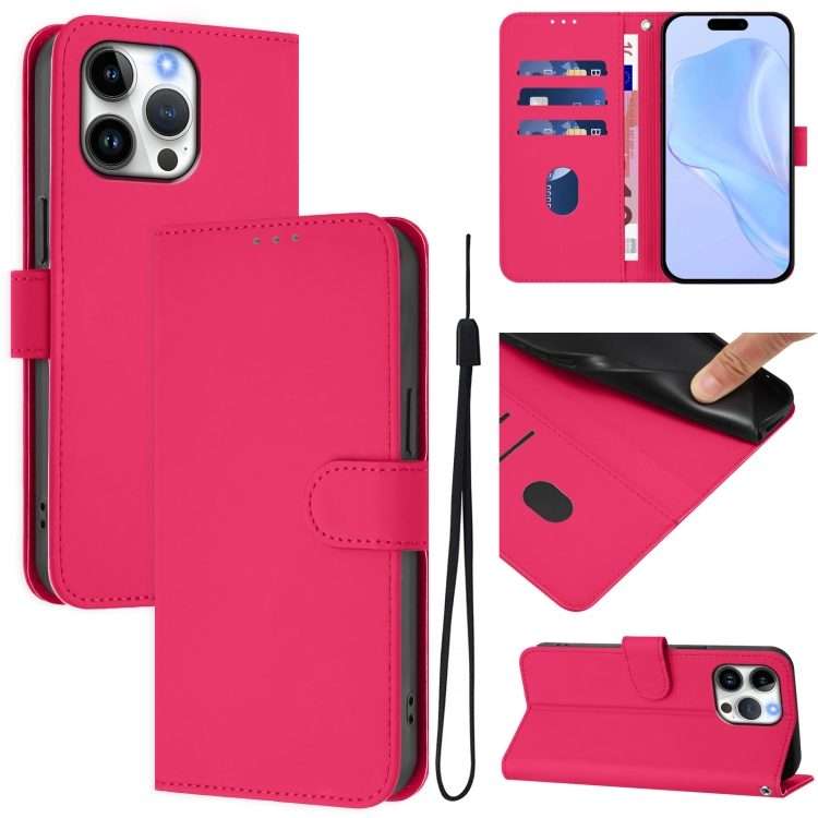 For iPhone 16 Pro Max Skin Feel Solid Color Leather Phone Case with Lanyard(Rose Red)