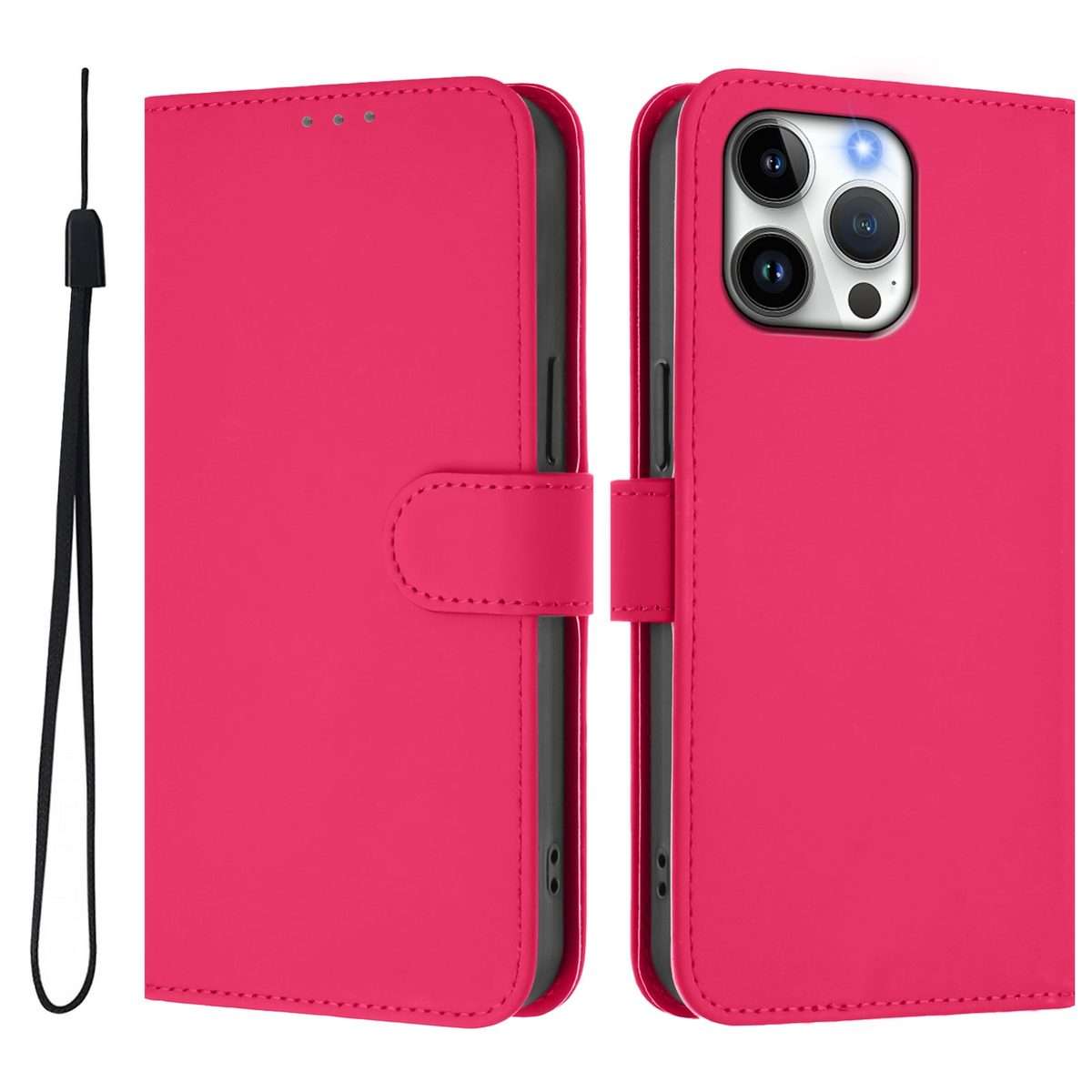 For iPhone 16 Pro Max Skin Feel Solid Color Leather Phone Case with Lanyard(Rose Red)
