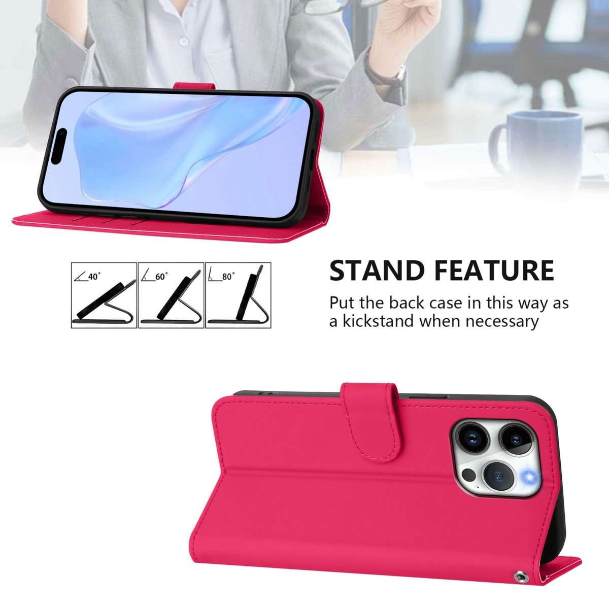 For iPhone 16 Pro Max Skin Feel Solid Color Leather Phone Case with Lanyard(Rose Red)