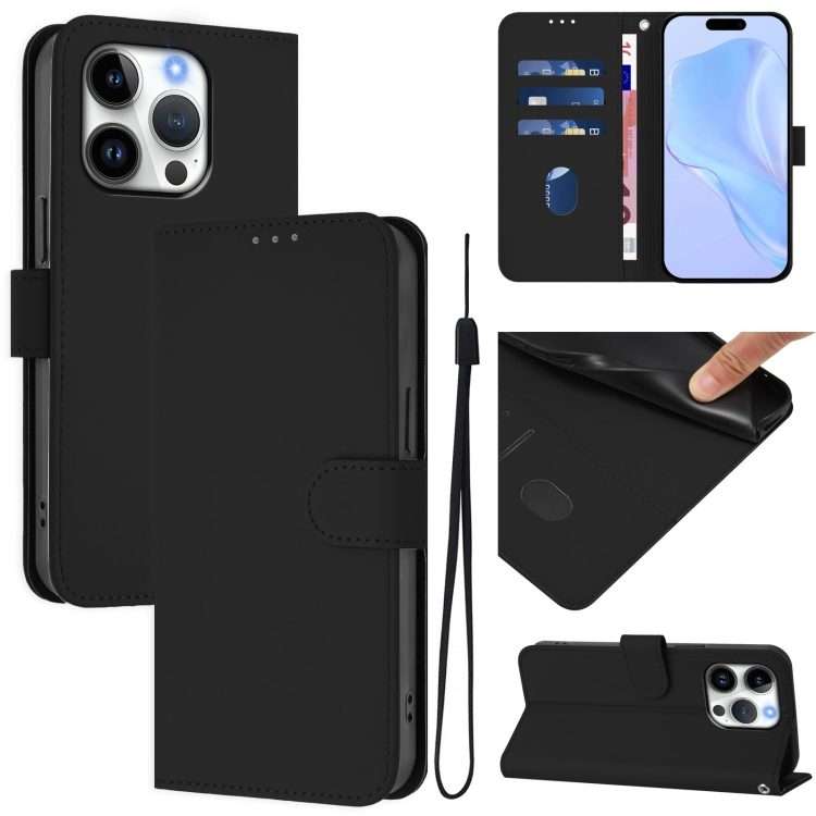 For iPhone 16 Pro Skin Feel Solid Color Leather Phone Case with Lanyard(Black)